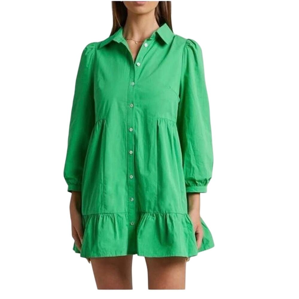 Showpo Maulee Green Cotton Frill Hem Mini Shirt Dress Size 8 Puff Sleeve